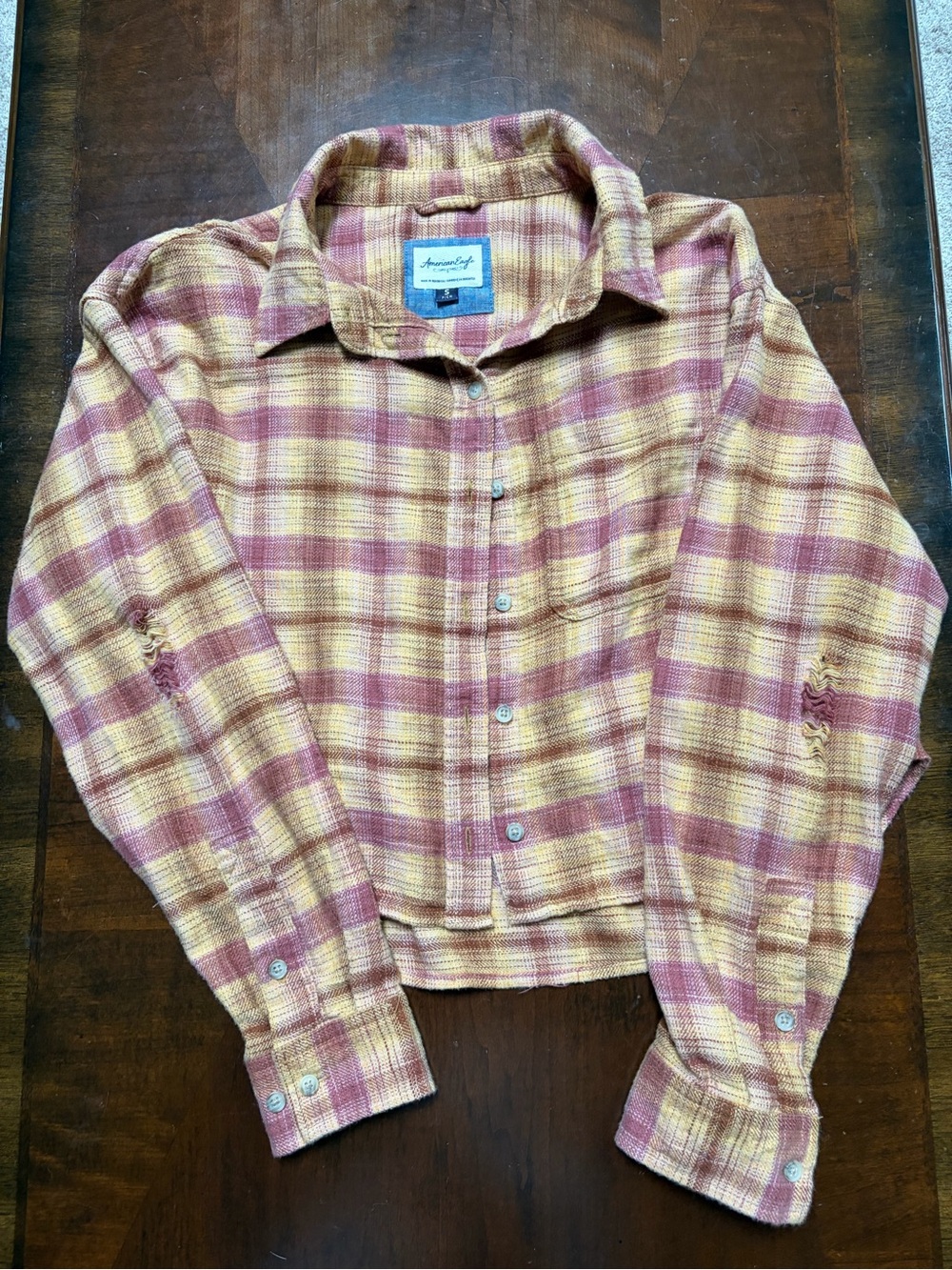 American Eagle Plaid Button-Up Shirt in Yellow & Pink